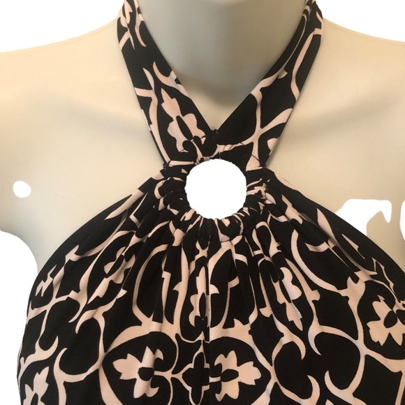 Y2K WHBM Keyhole Halter Top Maxi Dress M Black White Damask Print Slinky Summer - Picture 4 of 8